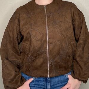 Zara Brown Suede Bomber Embroidered Zip-Front Jacket